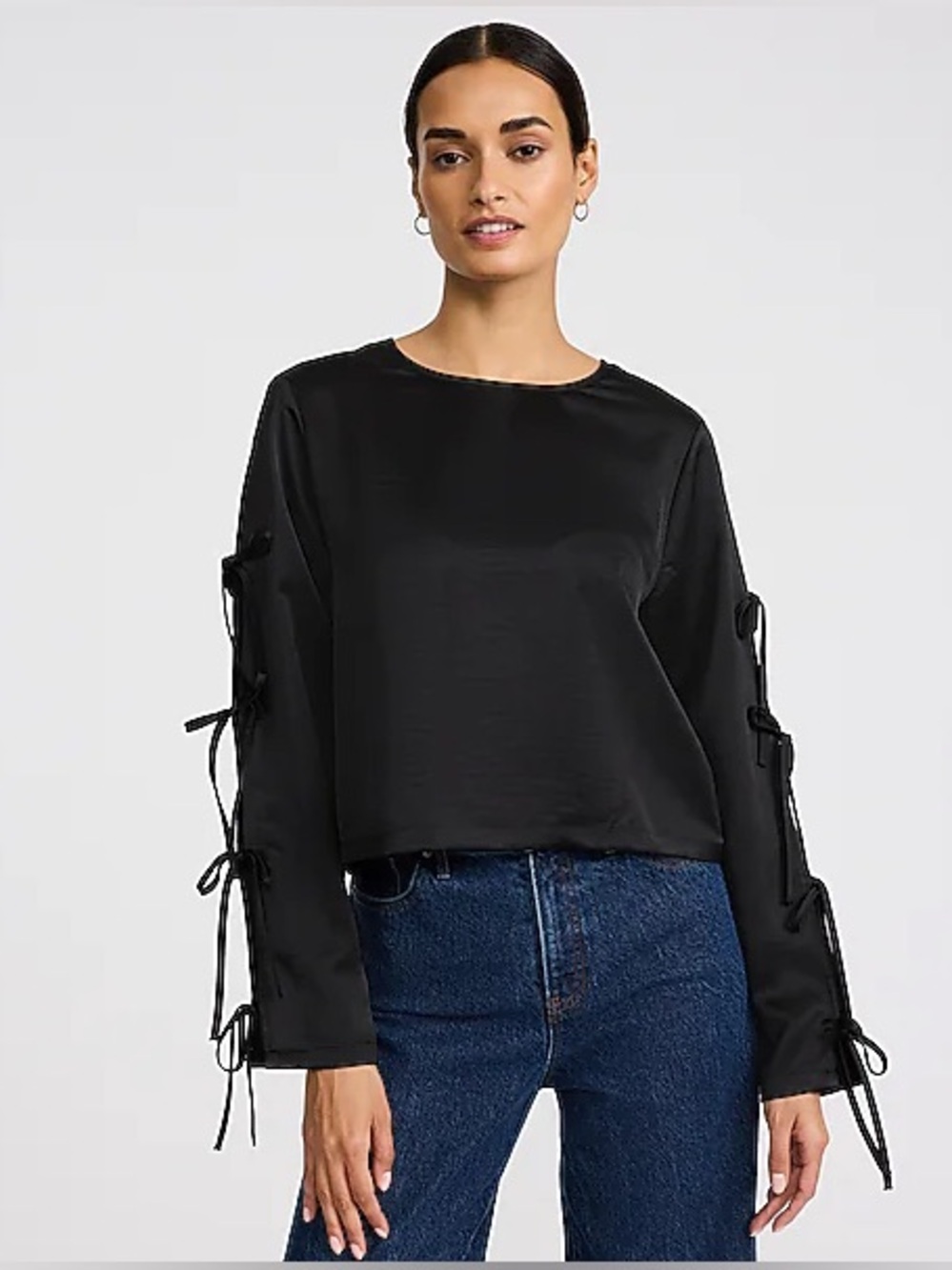 Express  Satin Crew Neck Bow Long-Sleeve Top with Open Sleeve Ties Black M NWT